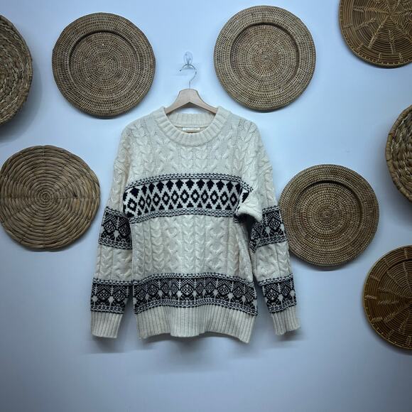 Line and Dot Montana Faire Isle Sweater Medium Chunky Knit Oversized Cream Black - Picture 2 of 8